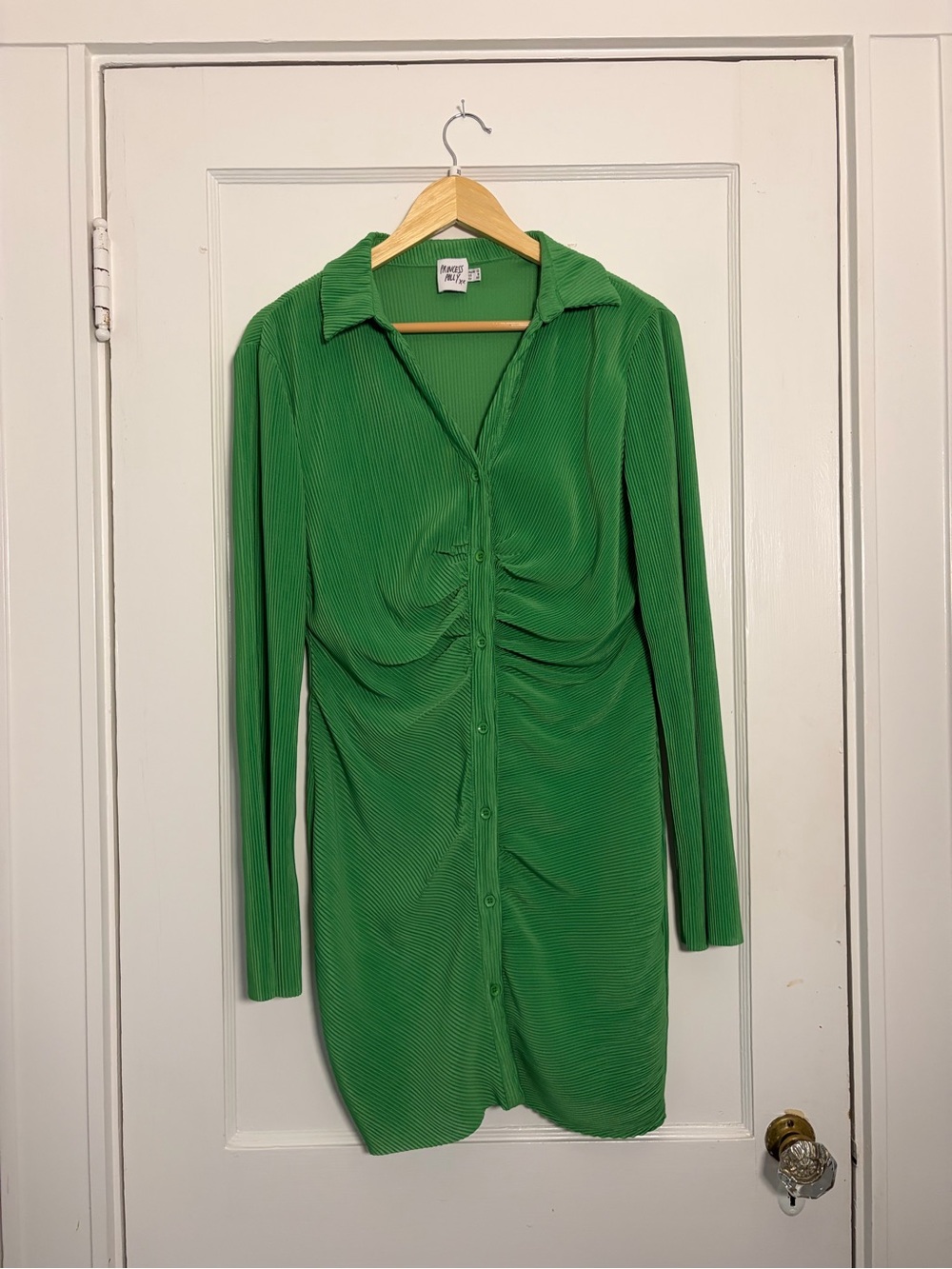 Princess Polly Emerald Green Long-Sleeve Ruched Button Dress